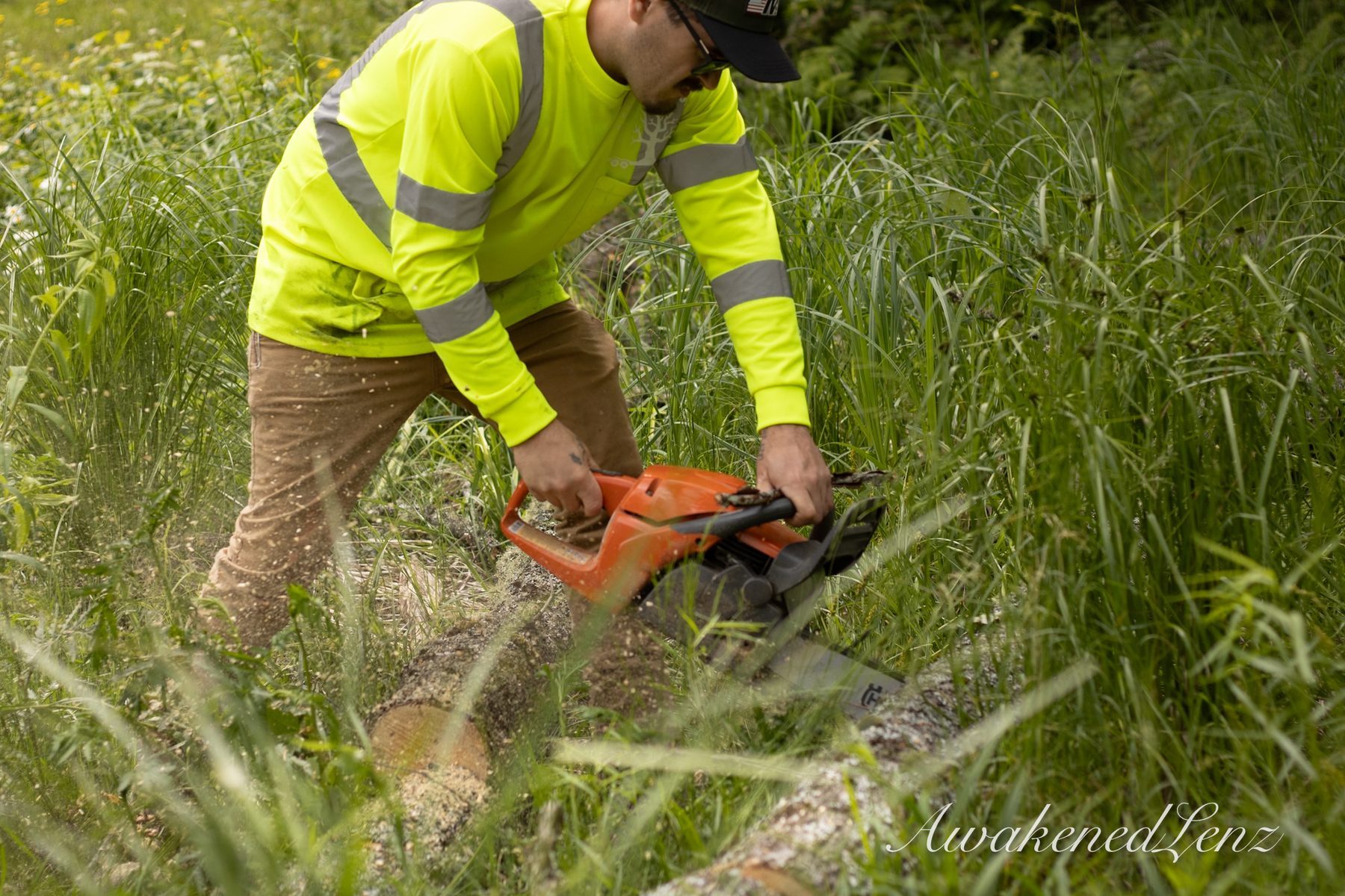 A tree worker in high visibility gear cutting a fallen log with a chainsaw